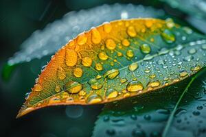närbild av regndroppar på en vibrerande grön blad foto