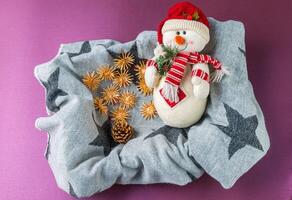 Lycklig snögubbe i en låda med jul leksaker foto