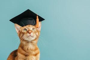 orange ung katt i svart gradering keps, ser till de topp, på fast blå bakgrund med plats för text. gradering ceremoni, studentbal, utbildning begrepp. foto