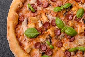 utsökt pizza med korv, ost, tomater, salt, kryddor och örter foto