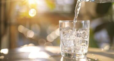vatten varelse hällde in i en glas på en vit tabell på solig dag med suddig bakgrund foto