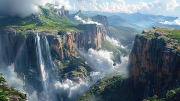 en skön landskap med en vattenfall och moln foto