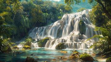 en vattenfall i de djungel med vattenfall och träd foto