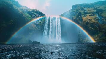 en regnbåge är sett i främre av en vattenfall foto