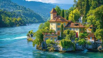 en skön hus på en klippa utsikt de flod foto