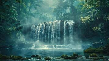 en vattenfall i de djungel med en stor träd i de förgrund foto