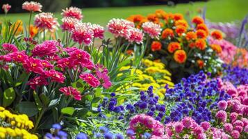 vibrerande blommor blomning i trädgård, blötläggning upp de sommar solsken foto