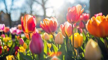 vibrerande blommor blomning i trädgård, blötläggning upp de sommar solsken foto