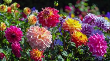 vibrerande blommor blomning i trädgård, blötläggning upp de sommar solsken foto