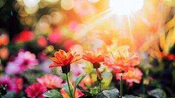 vibrerande blommor blomning i trädgård, blötläggning upp de sommar solsken foto