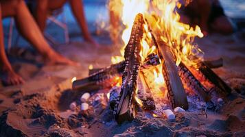 bål sprakande på de strand, omgiven förbi vänner delning berättelser på sommar kväll foto