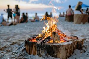 bål sprakande på de strand, omgiven förbi vänner delning berättelser på sommar kväll foto