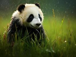 panda frossande i sällsynt regn dusch foto