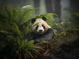 panda frossande i sällsynt regn dusch foto