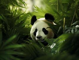 panda framväxande från tät bambu snår foto