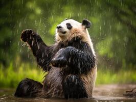 panda frossande i sällsynt regn dusch foto