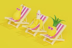 tecknad serie söt ananas i de hjärta formad glasögon, banan och päron frukt tecken i de solsängar på de strand tar sola 3d återges illustration på de gul bakgrund foto