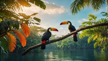 par av färgrik toucan fåglar på en träd gren i en frodig tropisk regnskog nära blå sjö foto