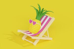 tecknad serie söt ananas i de hjärta formad glasögon i de solstol på de strand tar sola 3d återges illustration på de gul bakgrund foto