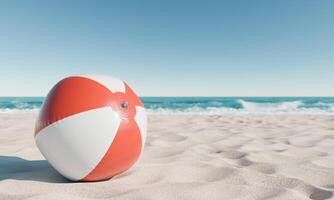 röd och vit strand boll på sandig Strand med kopia Plats foto