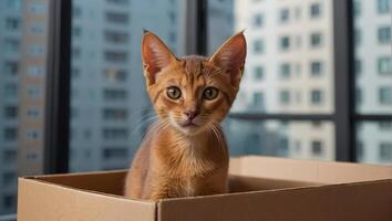 söt katt, låda i de lägenhet foto