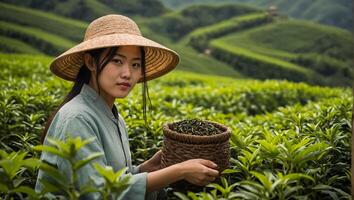 kinesisk flicka plockning grön te på en plantage foto