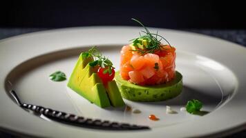 tartare med lax och avokado i en restaurang foto