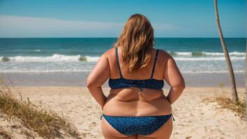 fett kvinna i en baddräkt på de strand foto