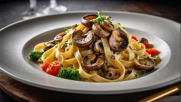 fettuccine med svamp och tomater restaurang foto