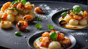 Gnocchi med skaldjur utsökt i en restaurang foto