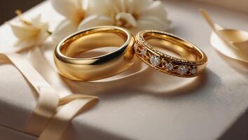två guld bröllop ringar, blommor foto