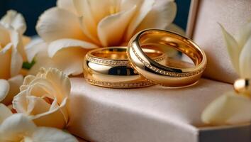 två guld bröllop ringar, blommor foto
