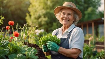 leende äldre kvinna bär trädgårdsarbete handskar i de vegetabiliska trädgård foto