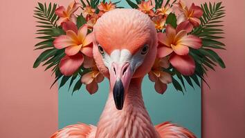 underbar rosa flamingo, blommor på en färgad bakgrund foto