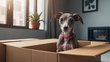 söt hund, låda i de lägenhet foto