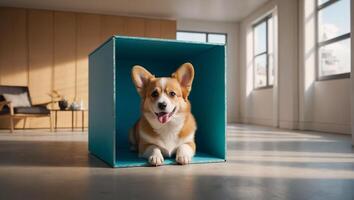 söt hund, låda i de lägenhet foto