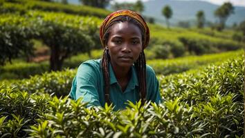 flicka plockning grön te på en plantage i kenya foto