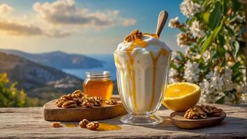 grekisk yoghurt med valnötter och honung foto