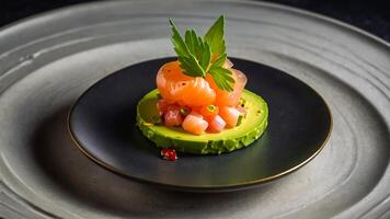 tartare med lax och avokado i en restaurang foto