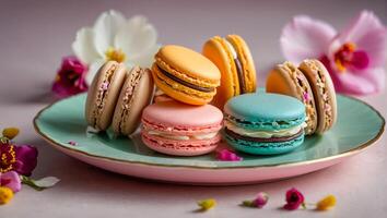 utsökt macarons med blommor foto