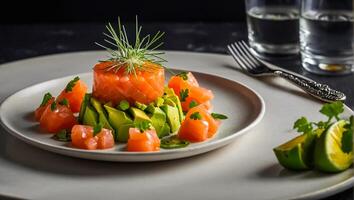 tartare med lax och avokado i en restaurang Frankrike foto