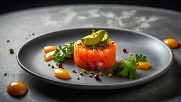 tartare med lax och avokado i en restaurang foto