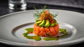 tartare med lax och avokado i en restaurang foto