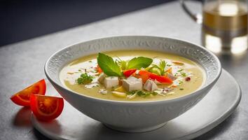 avgolemono soppa i en tallrik i en restaurang haute kök foto