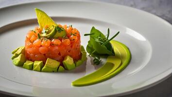 tartare med lax och avokado i en restaurang Frankrike foto