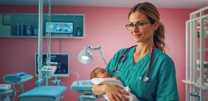 leende kvinna läkare med nyfödd bebis i moderskap sjukhus foto