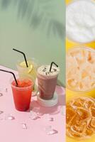 sommar drycker vertikal Foto collage. citronsaft och coctails med is.