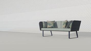 3d tolkning 3d tolkning pastell grön sammet soffa med grå och tropisk kuddar på plan foto