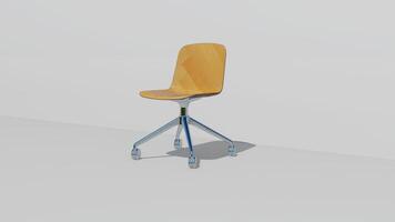 3d tolkning enda minimalistisk kontor stol med glansig trä och 4 rullstol ben. foto