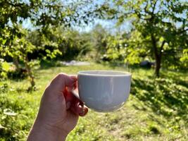 kvinna hand med en kopp av kaffe, te närbild. morgon- beatiful trädgård bakgrund, morgon- begrepp foto
